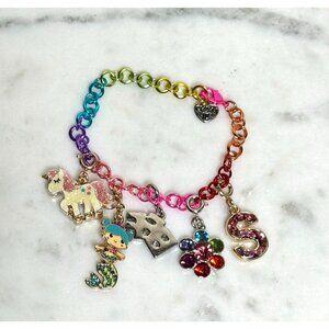 Rainbow Charm Bracelet Girls Unicorn Mermaid & Rhinestone Accents 6.5 Inches